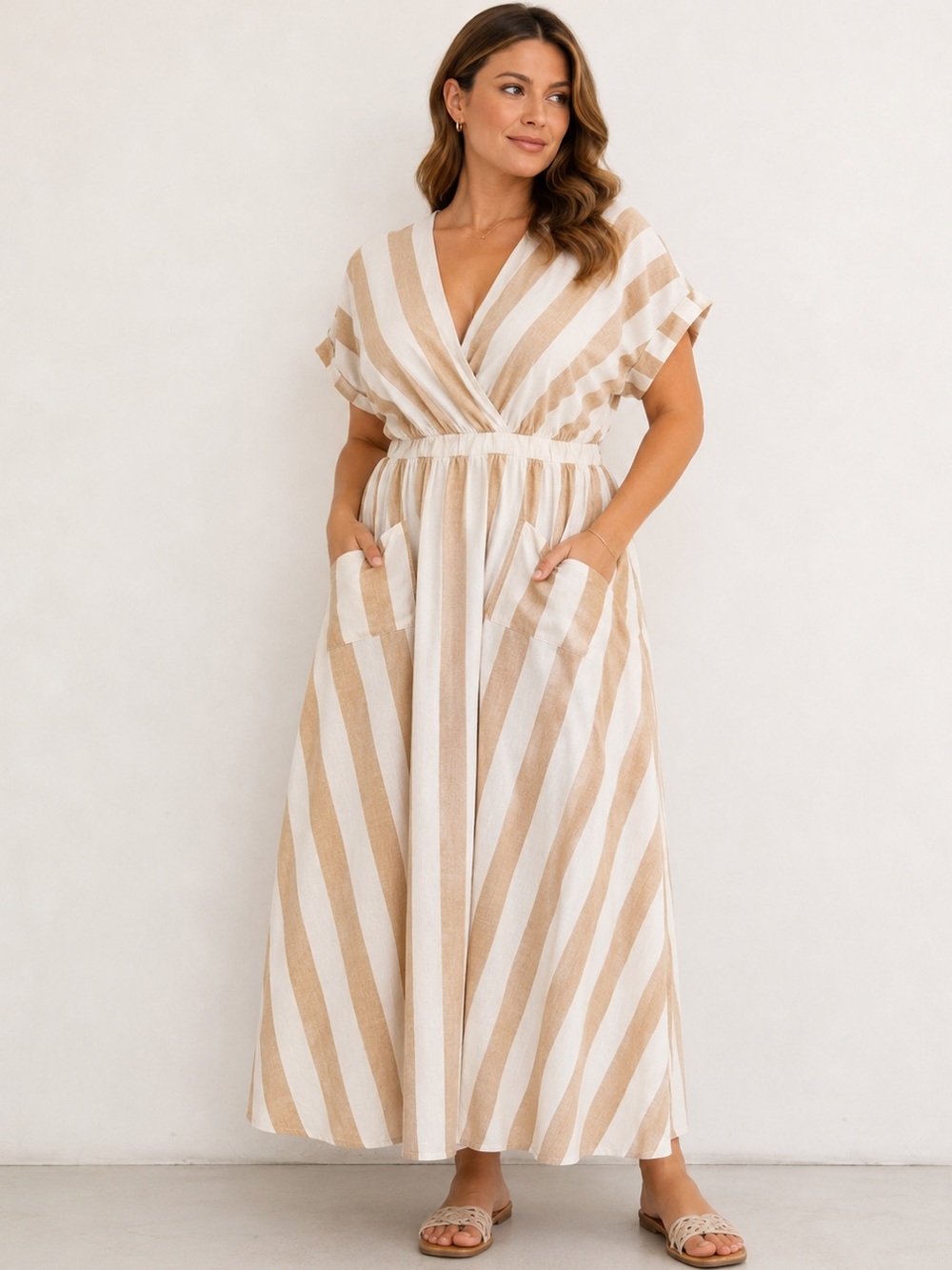 Ashley Stewart Tan and White Striped Linen Cotton Maxi Dress